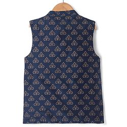 Pine Kids Woven Full Sleeves Kurta Pajama Set With Floral Foil Printed Jacket - Navy Blue