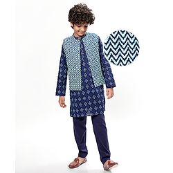 Pine Kids Cotton Woven Full Sleeves Kurta Pyjama Set with Chevron Print Jacket - Blue