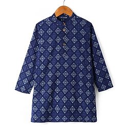 Pine Kids Cotton Woven Full Sleeves Kurta Pyjama Set with Chevron Print Jacket - Blue