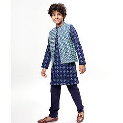 Pine Kids Cotton Woven Full Sleeves Kurta Pyjama Set with Chevron Print Jacket - Blue