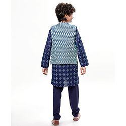 Pine Kids Cotton Woven Full Sleeves Kurta Pyjama Set with Chevron Print Jacket - Blue