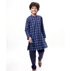 Pine Kids Cotton Woven Full Sleeves Kurta Pyjama Set with Chevron Print Jacket - Blue