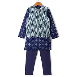 Pine Kids Cotton Woven Full Sleeves Kurta Pyjama Set with Chevron Print Jacket - Blue