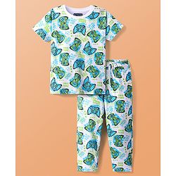 Pine Kids Single Jersey Knit Half Sleeves Night Suit With Gaming Controller Print - White