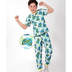 Pine Kids Single Jersey Knit Half Sleeves Night Suit With Gaming Controller Print - White