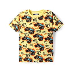 Pine Kids Single Jersey Knit Half Sleeves Night Suit with Monster Truck Print - Yellow