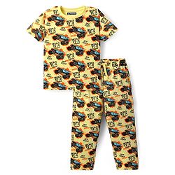 Pine Kids Single Jersey Knit Half Sleeves Night Suit with Monster Truck Print - Yellow