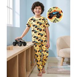 Pine Kids Single Jersey Knit Half Sleeves Night Suit with Monster Truck Print - Yellow