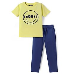 Pine Kids Single Jersey Knit Half Sleeves Night Suit With Text Print - Neon Green & Navy Blue