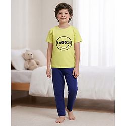 Pine Kids Single Jersey Knit Half Sleeves Night Suit With Text Print - Neon Green & Navy Blue