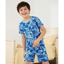 Pine Kids Single Jersey Knit Half Sleeves Shorts Night Suit with Vacay Mode On Text Print - Blue