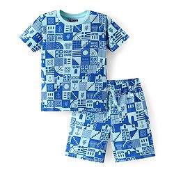 Pine Kids Single Jersey Knit Half Sleeves Shorts Night Suit with Vacay Mode On Text Print - Blue