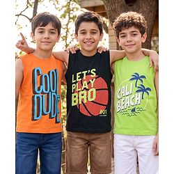 Pine Kids Cotton Knit Sleeveless Tank T-Shirts with Cool Dude Text Print Pack of 3 - Black Orange & Light Green