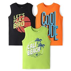 Pine Kids Cotton Knit Sleeveless Tank T-Shirts with Cool Dude Text Print Pack of 3 - Black Orange & Light Green