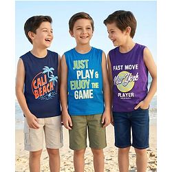 Pine Kids Cotton Knit Sleeveless Tank T-Shirts with Text Print Pack of 3 - Blue