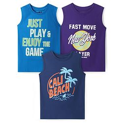 Pine Kids Cotton Knit Sleeveless Tank T-Shirts with Text Print Pack of 3 - Blue