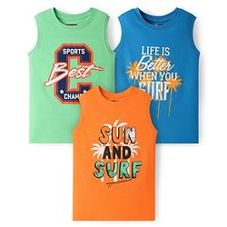 Pine Kids Cotton Knit Sleeveless Tank T-Shirts with Sun & Surf Text Print Pack Of 3 - Blue Orange & Light Green