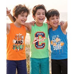 Pine Kids Cotton Knit Sleeveless Tank T-Shirts with Sun & Surf Text Print Pack Of 3 - Blue Orange & Light Green