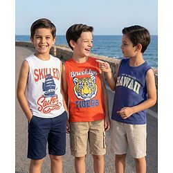 Pine Kids Cotton Knit Sleeveless Tank T-Shirts with Skilled Text Print Pack Of 3 - White Navy Blue & Orange