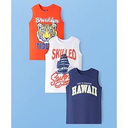 Pine Kids Cotton Knit Sleeveless Tank T-Shirts with Skilled Text Print Pack Of 3 - White Navy Blue & Orange