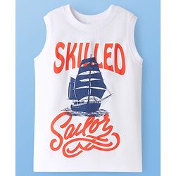Pine Kids Cotton Knit Sleeveless Tank T-Shirts with Skilled Text Print Pack Of 3 - White Navy Blue & Orange