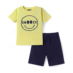Pine Kids Single Jersey Knit Half Sleeves Night Suit With Text Print - Lemon Yellow & Navy Blue