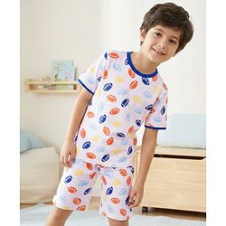 Pine Kids Single Jersey Knit Half Sleeves Shorts Night Suit With Rugby Print - White