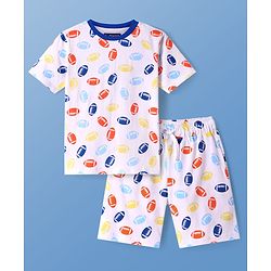 Pine Kids Single Jersey Knit Half Sleeves Shorts Night Suit With Rugby Print - White