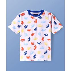 Pine Kids Single Jersey Knit Half Sleeves Shorts Night Suit With Rugby Print - White