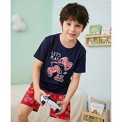 Pine Kids Single Jersey Knit Half Sleeves Short Night Suit  With Gaming Controller Print - Navy Blue & Red