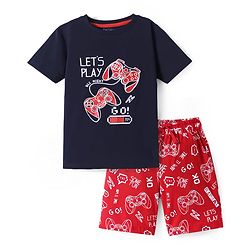 Pine Kids Single Jersey Knit Half Sleeves Short Night Suit  With Gaming Controller Print - Navy Blue & Red