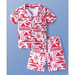 Pine Kids Single Jersey Knit Half Sleeves Shorts Night Suit with Beach Theme Print - Red