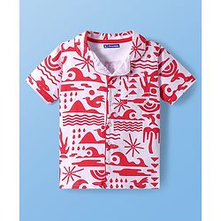 Pine Kids Single Jersey Knit Half Sleeves Shorts Night Suit with Beach Theme Print - Red