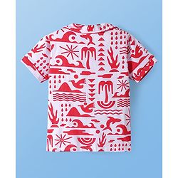 Pine Kids Single Jersey Knit Half Sleeves Shorts Night Suit with Beach Theme Print - Red