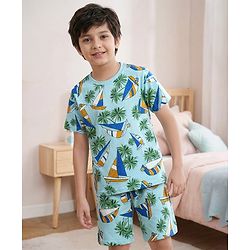 Pine Kids Single Jersey Knit Half Sleeves Shorts Night Suit With Boat & Tree Print - Sea Green