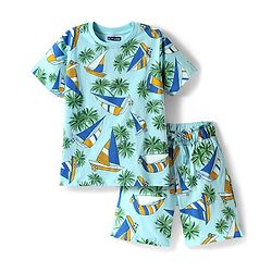 Pine Kids Single Jersey Knit Half Sleeves Shorts Night Suit With Boat & Tree Print - Sea Green