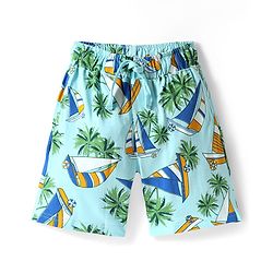 Pine Kids Single Jersey Knit Half Sleeves Shorts Night Suit With Boat & Tree Print - Sea Green