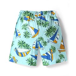 Pine Kids Single Jersey Knit Half Sleeves Shorts Night Suit With Boat & Tree Print - Sea Green