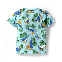 Pine Kids Single Jersey Knit Half Sleeves Shorts Night Suit With Boat & Tree Print - Sea Green