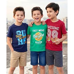 Pine Kids Cotton Knit Half Sleeves T-Shirts With Surf Theme Text Print Pack of 3 - Navy Blue Green & Red