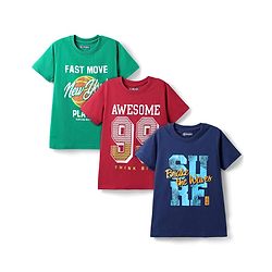 Pine Kids Cotton Knit Half Sleeves T-Shirts With Surf Theme Text Print Pack of 3 - Navy Blue Green & Red