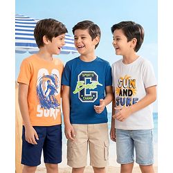 Pine Kids Cotton Knit Half Sleeves T-Shirts With Surf Theme Print Pack of 3 - Blue & White