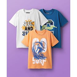 Pine Kids Cotton Knit Half Sleeves T-Shirts With Surf Theme Print Pack of 3 - Blue & White
