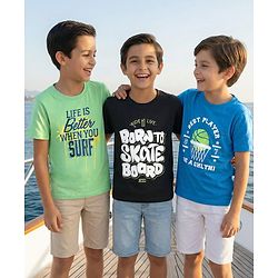 Pine Kids Cotton Knit Half Sleeves T-Shirts with Text Print Pack of 3 - Blue Black & Light Blue