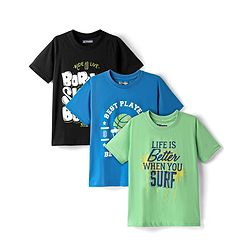 Pine Kids Cotton Knit Half Sleeves T-Shirts with Text Print Pack of 3 - Blue Black & Light Blue