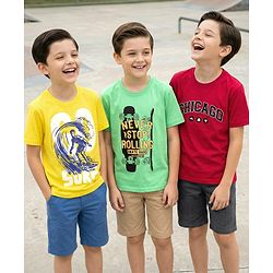 Pine Kids Cotton Knit Half Sleeves T-Shirts with Text Print Pack of 3 - Red Yellow & Light Green