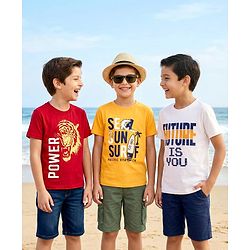 Pine Kids Cotton Knit Half Sleeves T-Shirts With Power Text Print Pack Of 3  - Red Yellow & White