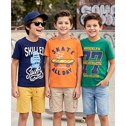 Pine Kids Cotton Knit Half Sleeves Printed T-Shirts Pack of 3 - Green Orange & Navy Blue