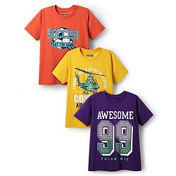 Pine Kids Cotton Knit Half Sleeves T-Shirts with Text Print Pack of 3 - Yellow Purple & Orange
