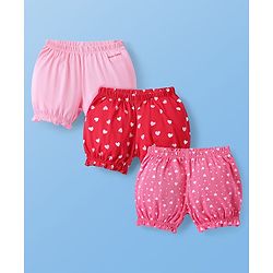 Pine Kids Cotton Lycra Knit Bloomers with Heart Print Pack of 3 - Dark Pink & Red